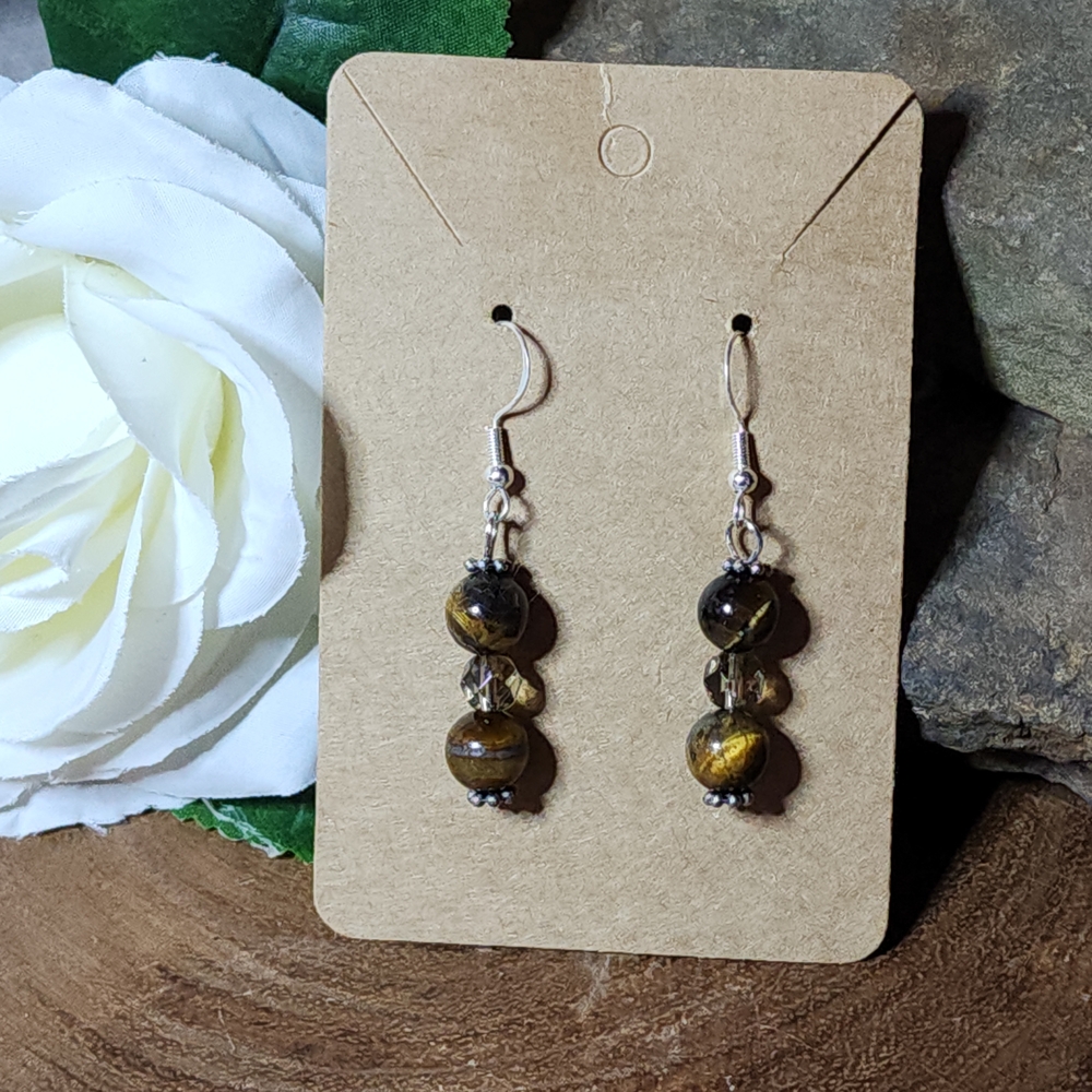 Hand Crafted Dangle Earrings With Tiger Eyes & Faceted Crystal Glass Beads